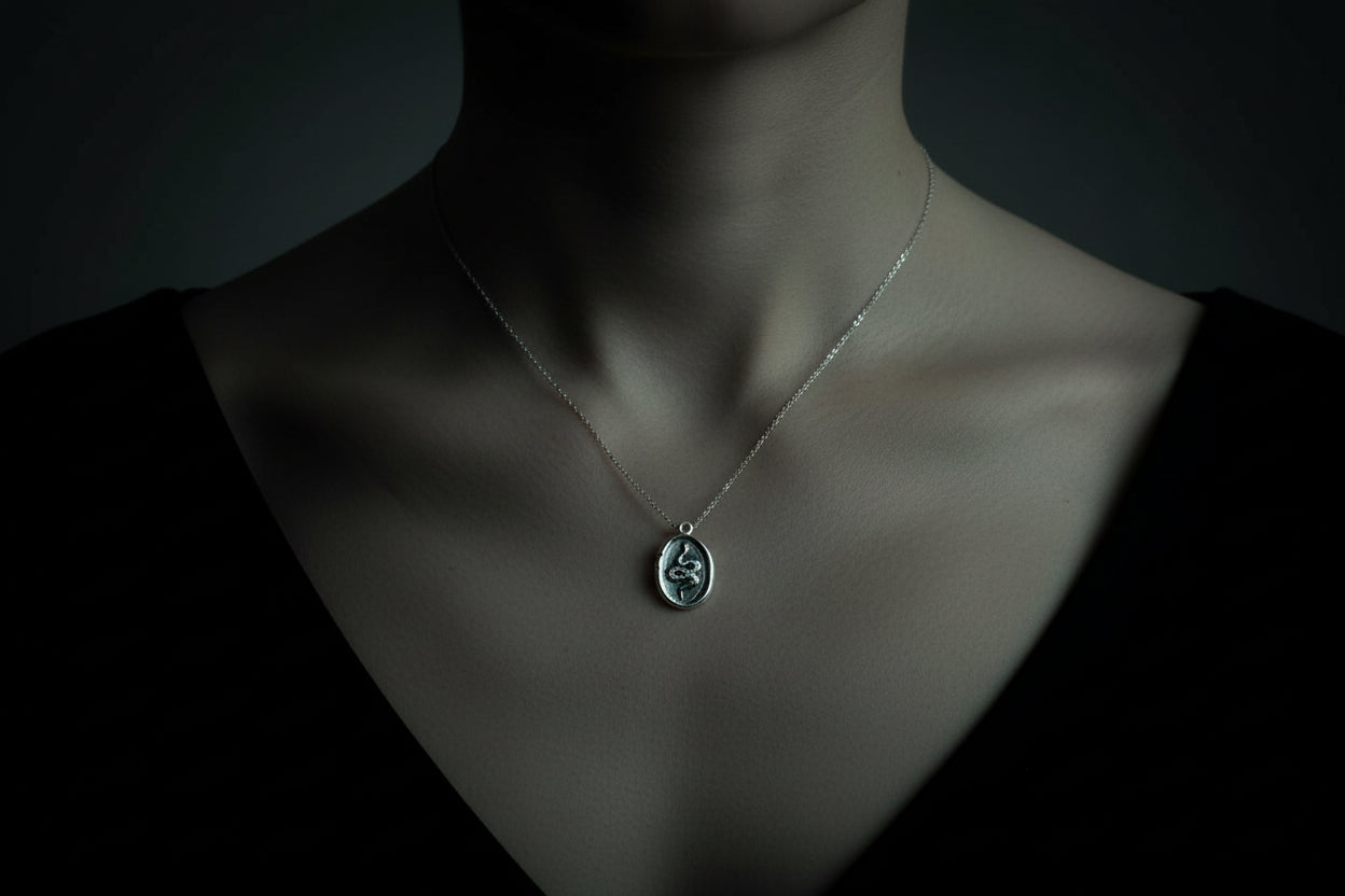 Silver necklace with a snake pendant on a white background
